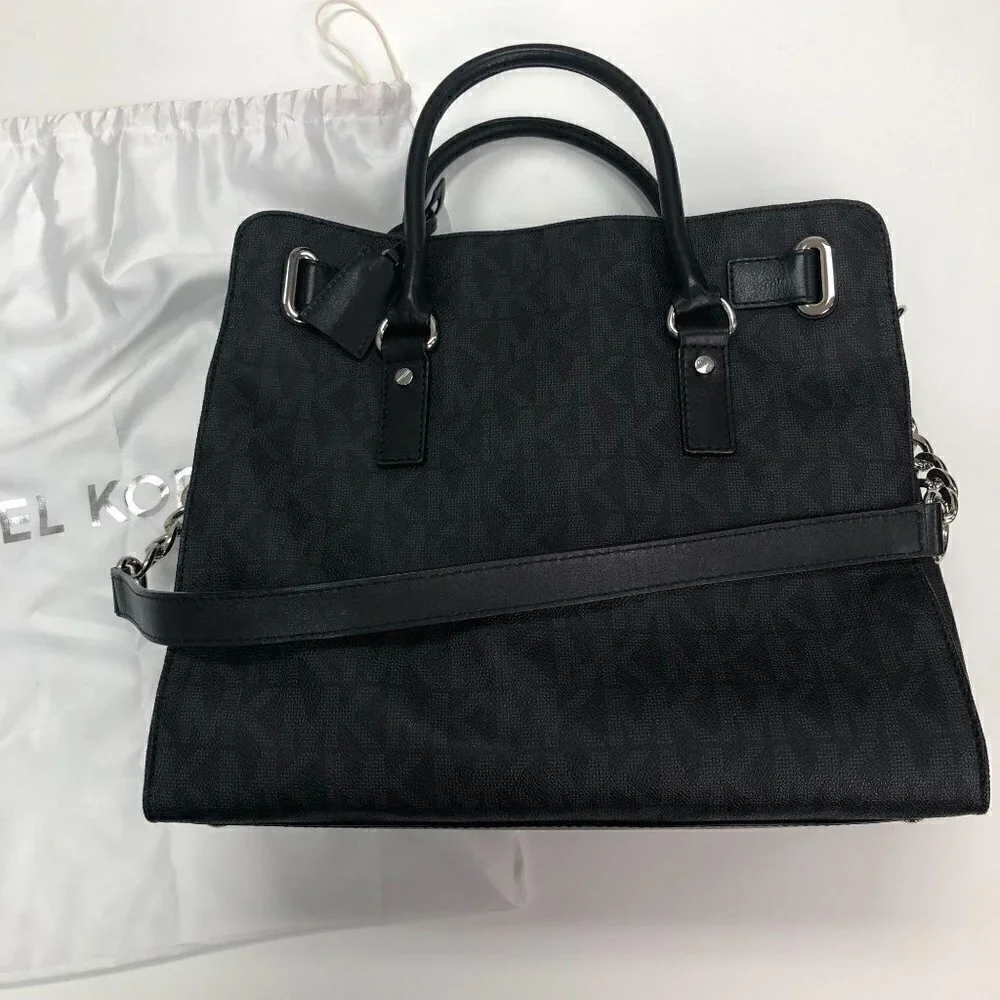 Michael Kors Black Logo Monogram Large Hamilton Satchel Bag Handbag Purse - Picture 5 of 8